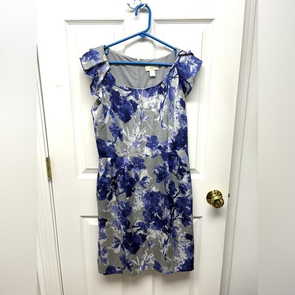 Loft Floral Dress, Gray and Blue, Flutter Sleeves, Sheath Style, Size 6 - Picture 1 of 8